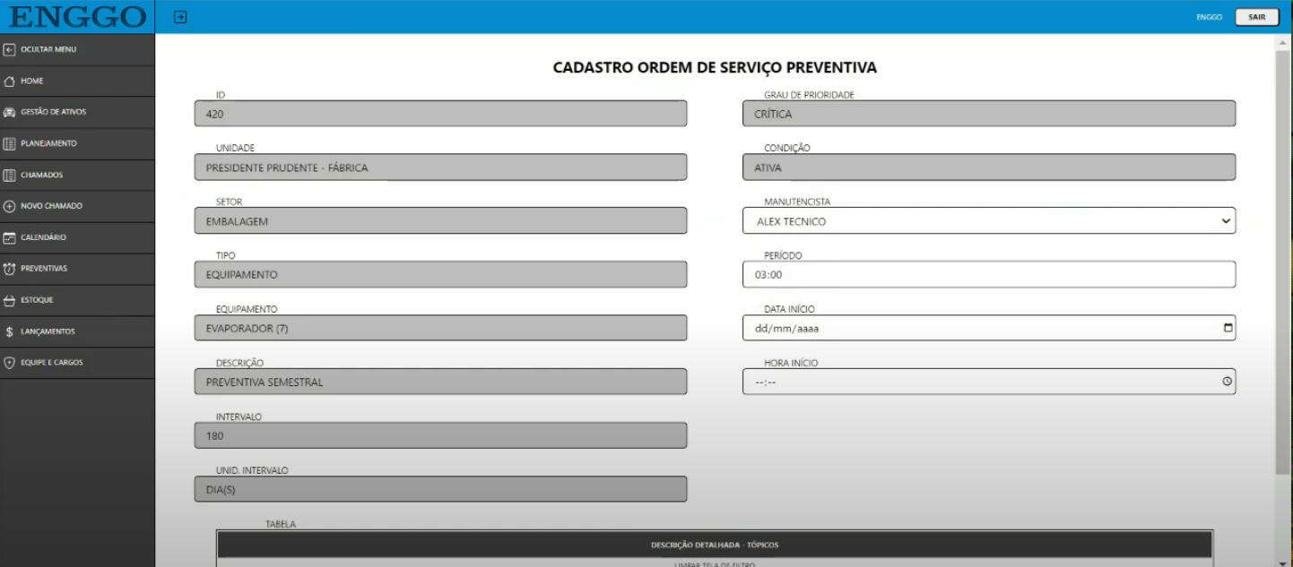 Criar Nova Ordem Preventiva