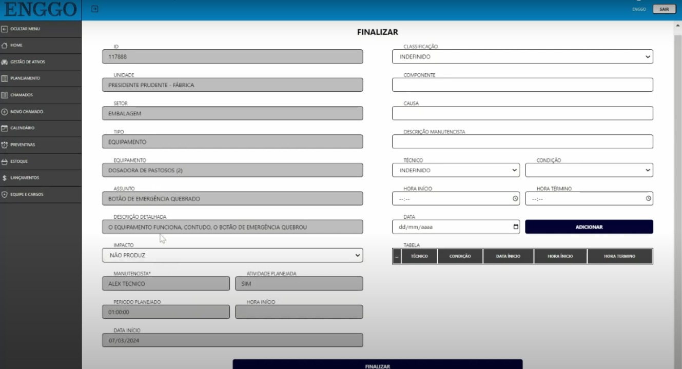 Finalizar Ordem Preventiva